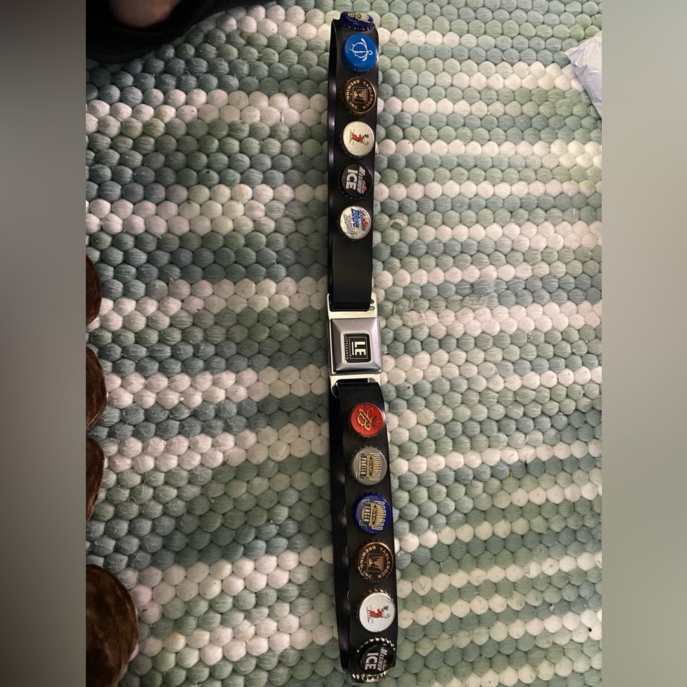 One Earth unisex belt. Car safety belt w bottle caps. SALE
